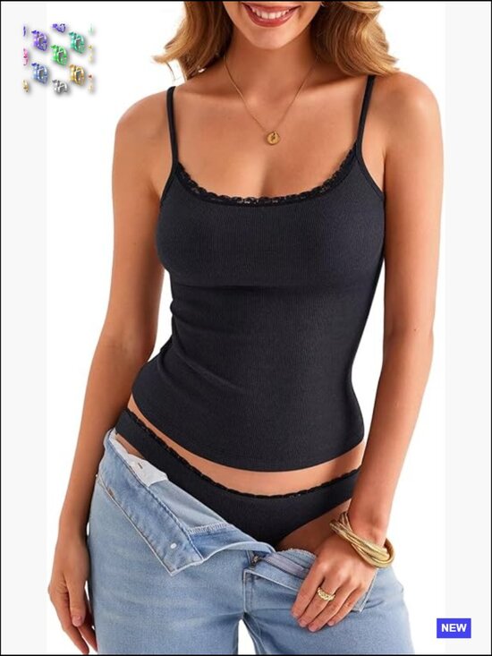 Tops - Sleeveless Ribbed Tank Top Square Neck Lace Trim Adjustable Spaghetti Straps